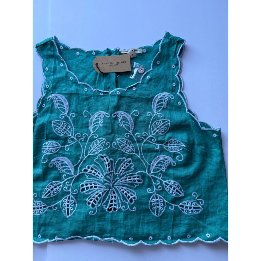 Christian Siriano New York Teal Green Embroidered Linen Blend Crop Top Large NWT